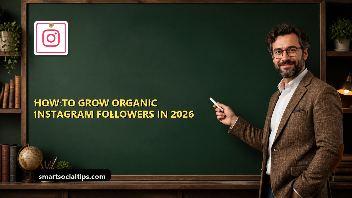 How to Grow Organic Instagram Followers in 2026 (No Fake Followers) - SmartSocialTips educational board cover