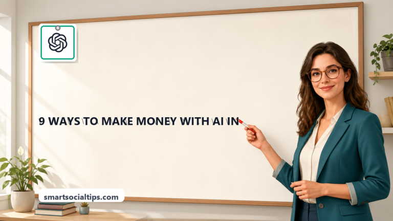 9 Ways to Make Money With AI in 2026 (Real Methods + Tools) - SmartSocialTips educational board cover