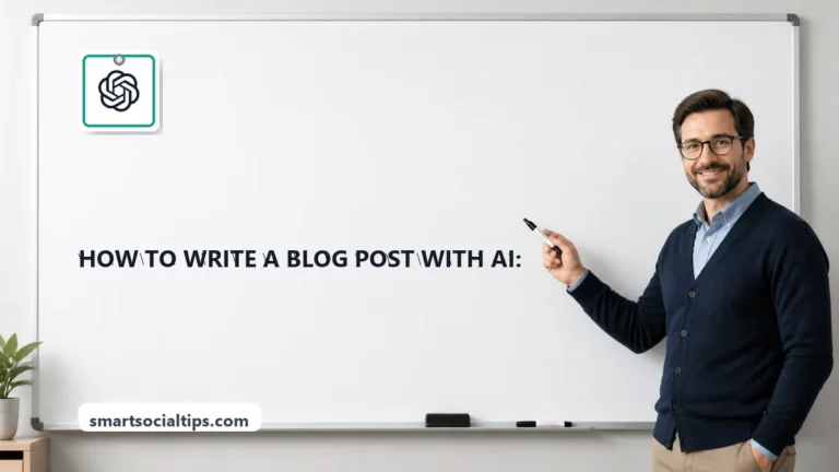 How to Write a Blog Post With AI: Step-by-Step (2026) - SmartSocialTips educational board cover