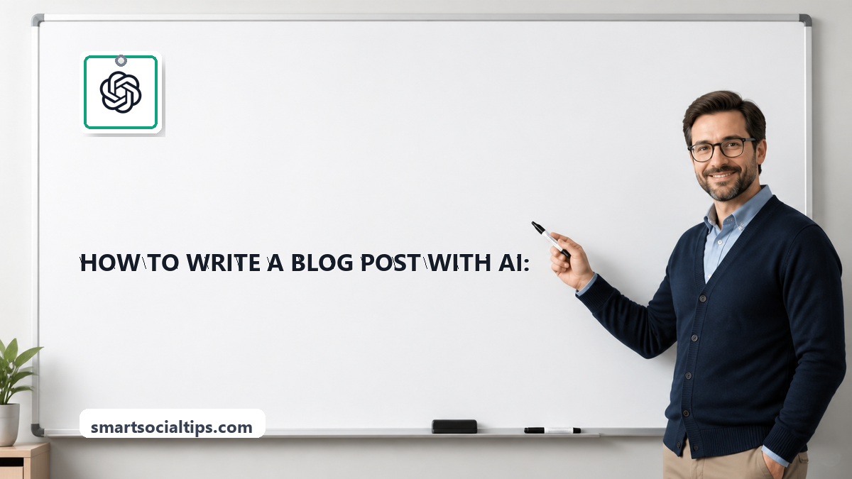 How to Write a Blog Post With AI: Step-by-Step (2026) - SmartSocialTips educational board cover