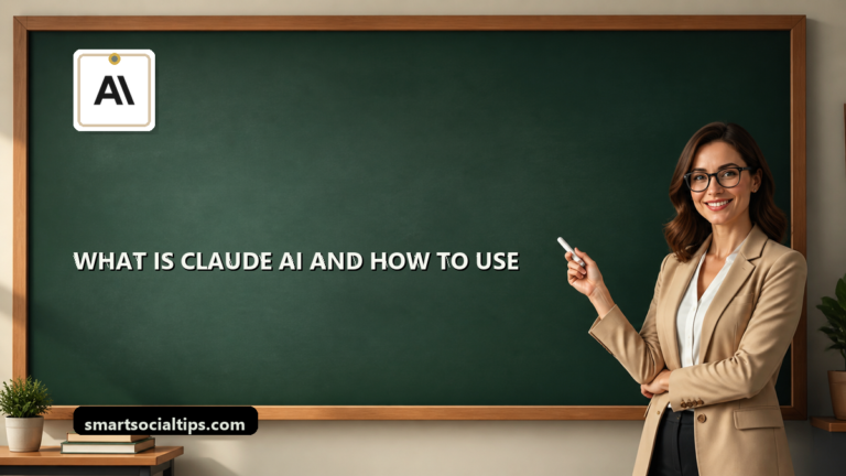 What Is Claude AI and How to Use It: A Beginner’s Guide - SmartSocialTips educational board cover