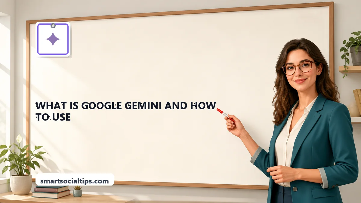 What Is Google Gemini and How to Use It (2026 Guide) - SmartSocialTips educational board cover