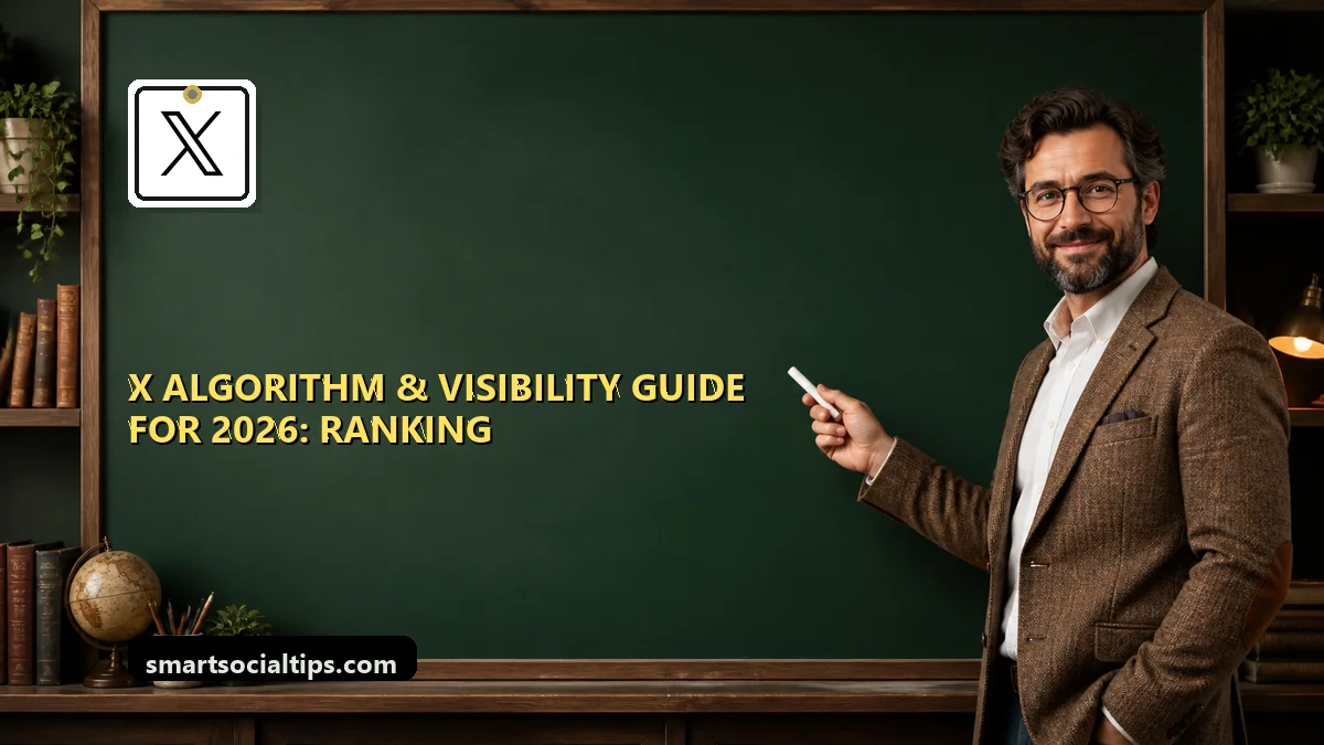 X Algorithm & Visibility Guide for 2026: Ranking Signals, Reach Killers & Fixes - SmartSocialTips educational board cover